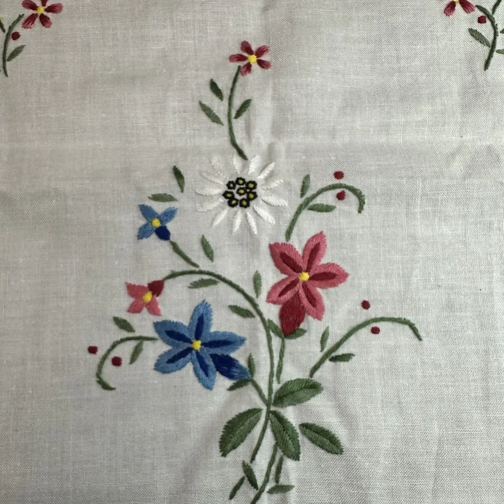 Vintage Hand Embroidered Table Runner White Cotton Floral Hemstitched 34x15.5